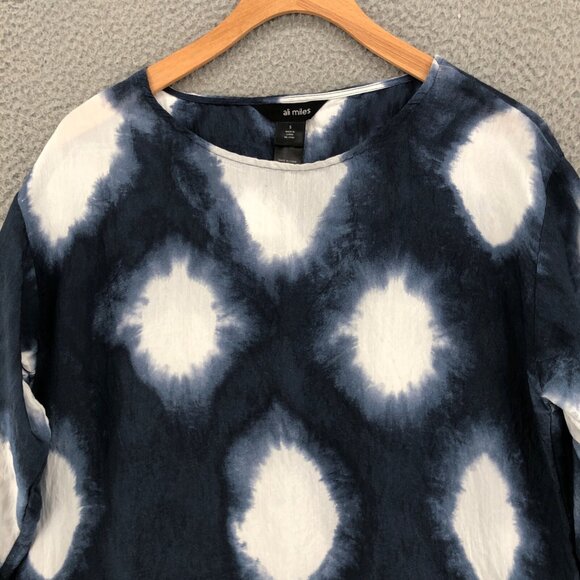 Ali Miles Tunic Womens Small Navy Tie Dye Polka Dot 3/4 Sleeve Oversized Buttons - Picture 2 of 10